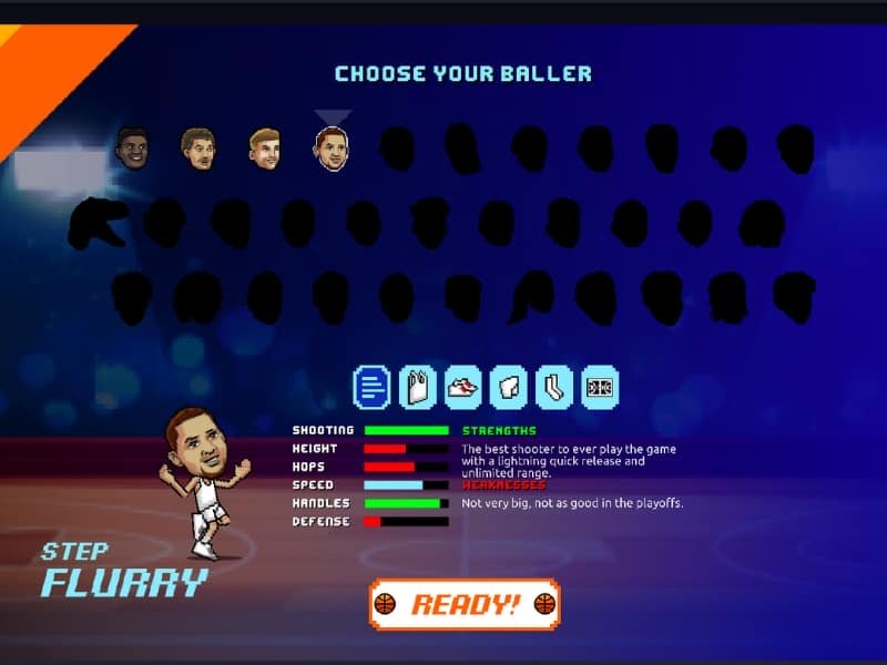 Basket Bros character selection screen with 12 unique players